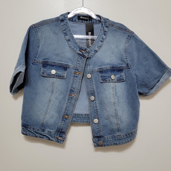 Allegra K Shortsleeve Cropped Jean Jacket - Picture 4 of 7
